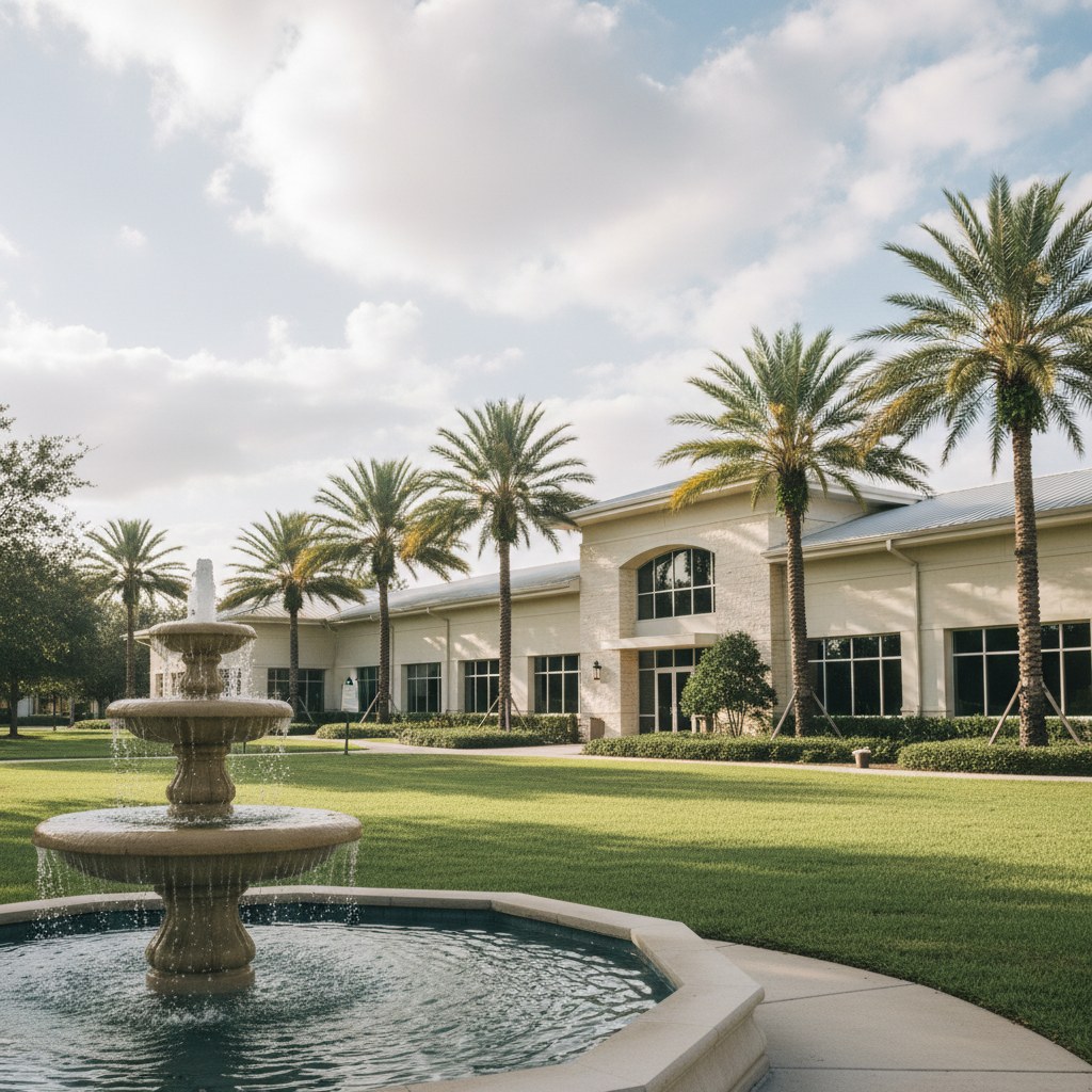 Central Florida low-rise office park with palms, fountain, and partly cloudy morning sky